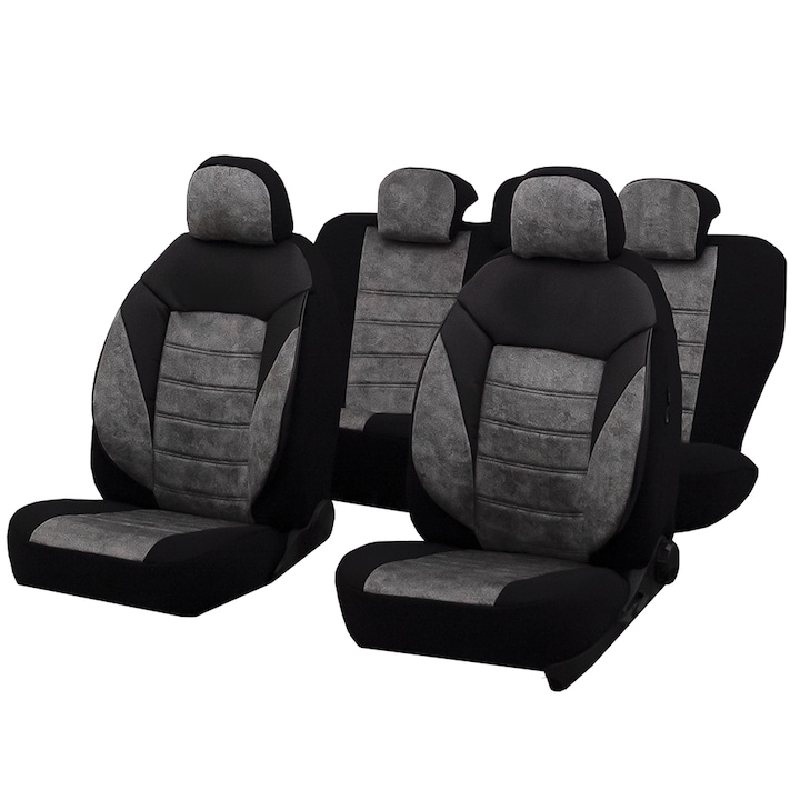 Huse scaune auto SMARTIC®, Diamond, 11 piese, compatibile cu airbag, rabatabile, 3 straturi de material, negru/gri