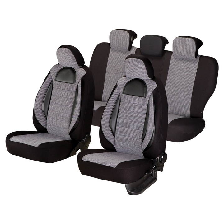 Set huse scaune auto Smartic®, Racing, 11 piese, universal, compatibile cu airbag, usor de curatat, cu fermoar, rabatabile, 3 straturi de material textil respirabil, cu buzunare, gri/negru