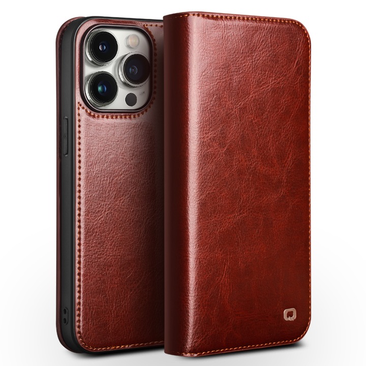 iPhone 15 Pro, Könyv típusú finom bőrtok, kártya- és pénzzsebekkel, Qialino Wallet, Kávébarna