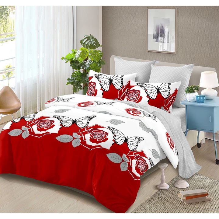 Плътно фино спално бельо, Легло за 2 човека, 6 части, Бяло/Червено/Сиво, Fresh Home089