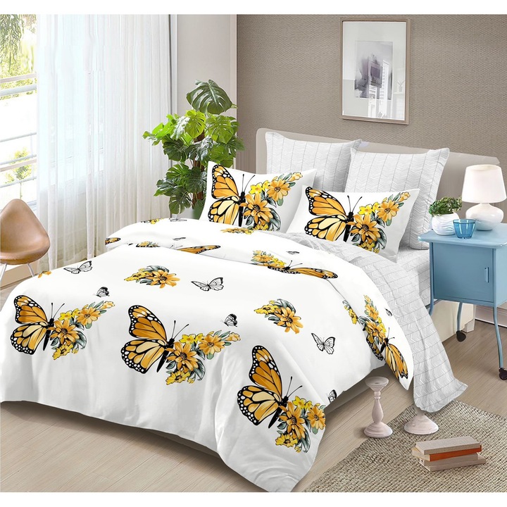 Фино дебело спално бельо, Легло за 2 човека, 6 части, Бяло/Сиво, Щампа жълта пеперуда, Fresh Home90