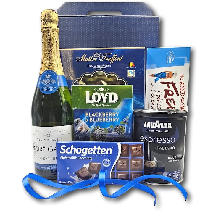 Подаръчен пакет CADOURI PREMIUM Select Blue, С пенливо вино Andre Gallois, Кафе Lavazza Club, Шоколад Schogetten, Пралини Maitre Trouffout, Чай и бисквити