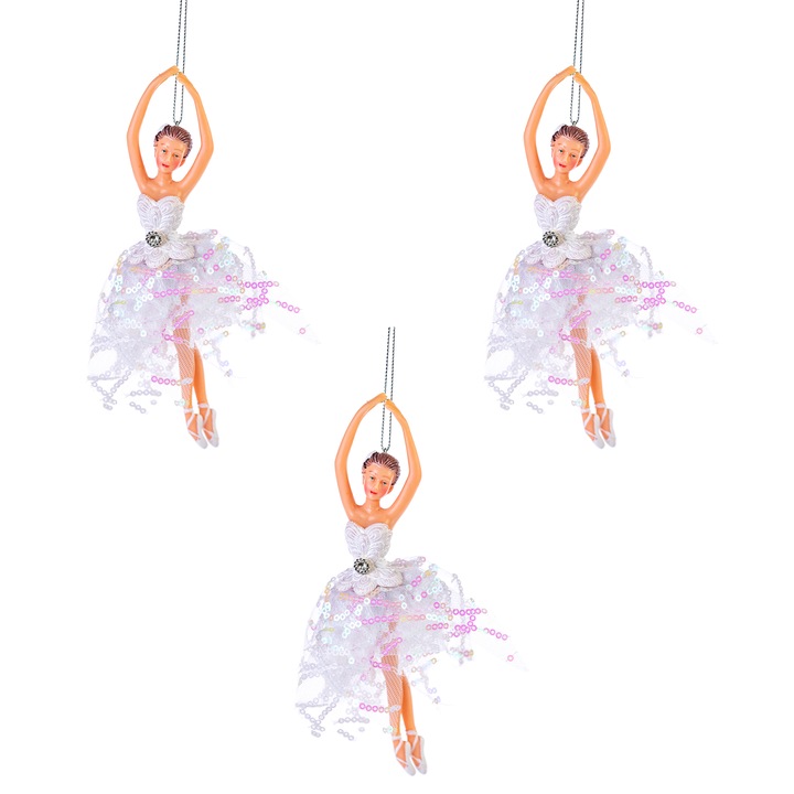 Decoratiune Craciun, Set de 3 Balerine glob cu tull si paiete, 17cm, Alb