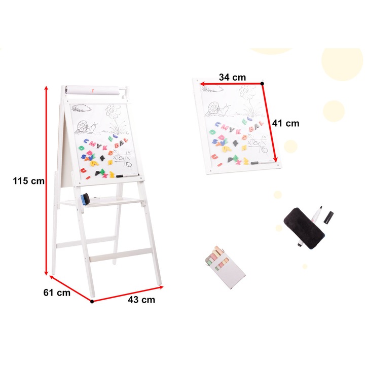 Tabla Educativa XXL cu 2 Fete si Accesorii pentru Copii din Lemn Natural, Magnetica, 43cm x 32cm x 115cm, White