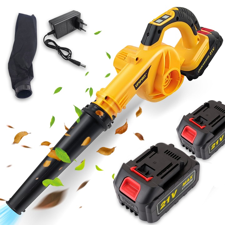 2 в 1 вентилатор и прахосмукачка, XinXu, 2 скорости, 16000 об/мин, 1500MAh, за премахване на прах/листа от двора, климатик, килими, щори, диван, жълт