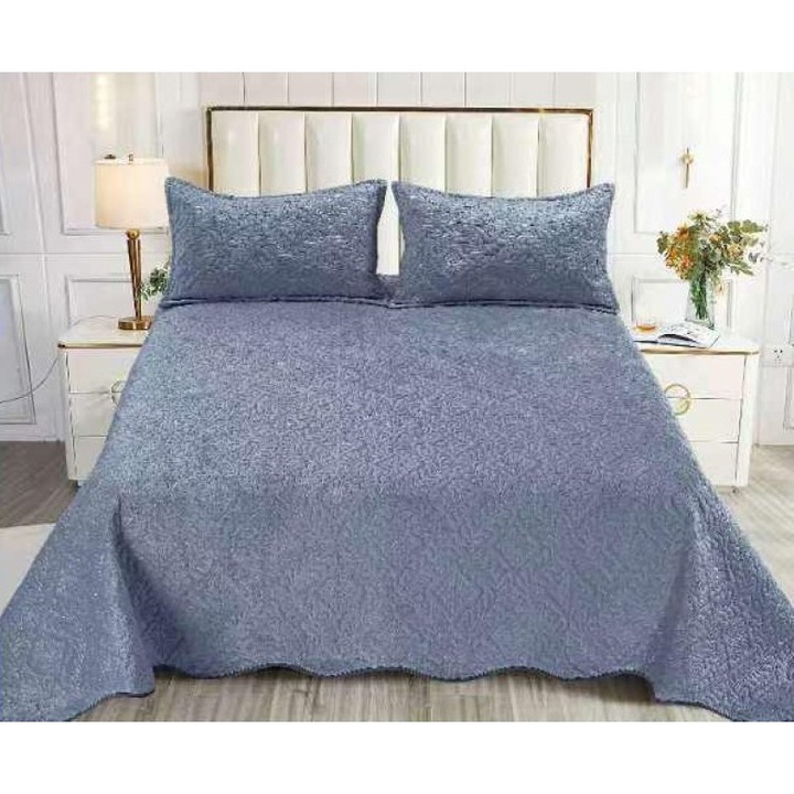 Двойна покривка за легло и 2 калъфки за възглавници, Капитониран модел, Обикновен, 3 части, 2 лица, 220x240 см, Синьо-сив