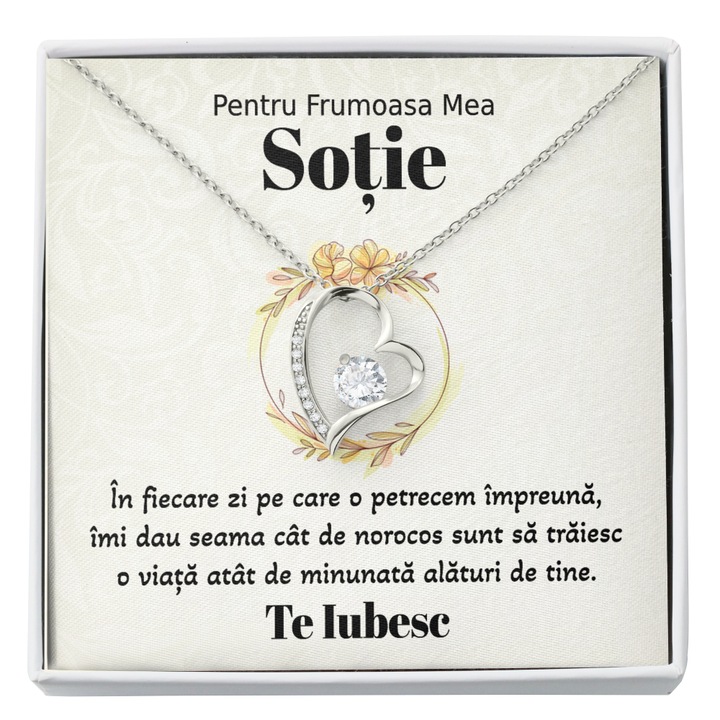 Set Colier Argint 925 Cu Pandant Inima Curbata Placat Cu Aur Alb 14K, JOYSTOS, Si Card Foto Cu Mesaj Pentru Sotie "Pentru Frumoasa Mea Sotie"