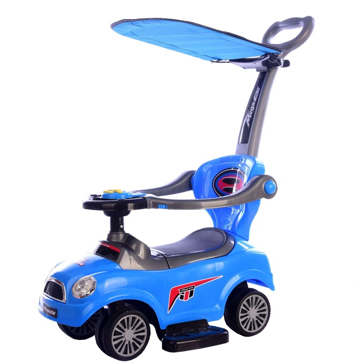 Masinuta copii si bebe NOVOKIDS™ MegaCar Plus, Cu melodii, Maner de impins pentru parinti detasabil, Copertina de protectie detasabila, Functie trotineta fara pedale, Pentru interior si exterior, Albastru