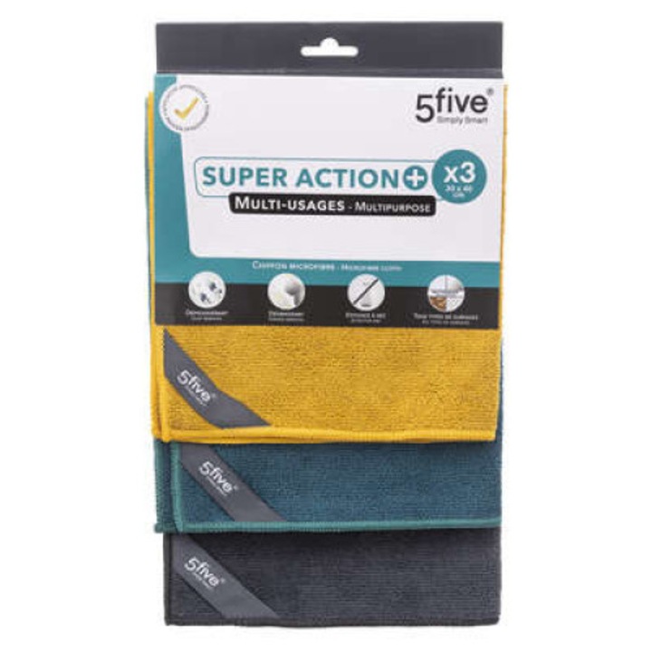 Set 3 lavete universale, 3 culori, poliester, 30x 40 cm, 320 gsm, Five