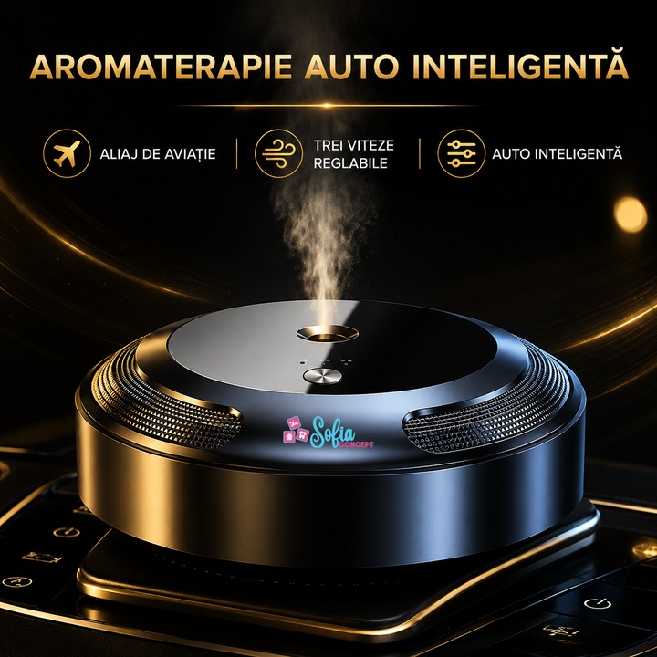 Difuzor Auto Aromaterapie Premium cu 3 Uleiuri Esentiale Sofia CONCEPT®, Material din Aliaj de Aviatie, Functie de Purificare Aer la 360°, Antibacterian, 3 Milioane / Cm3 de Ioni Negativi, 3 Viteze, Detecteaza Vibratiile Masinii prin Tehnologia AI