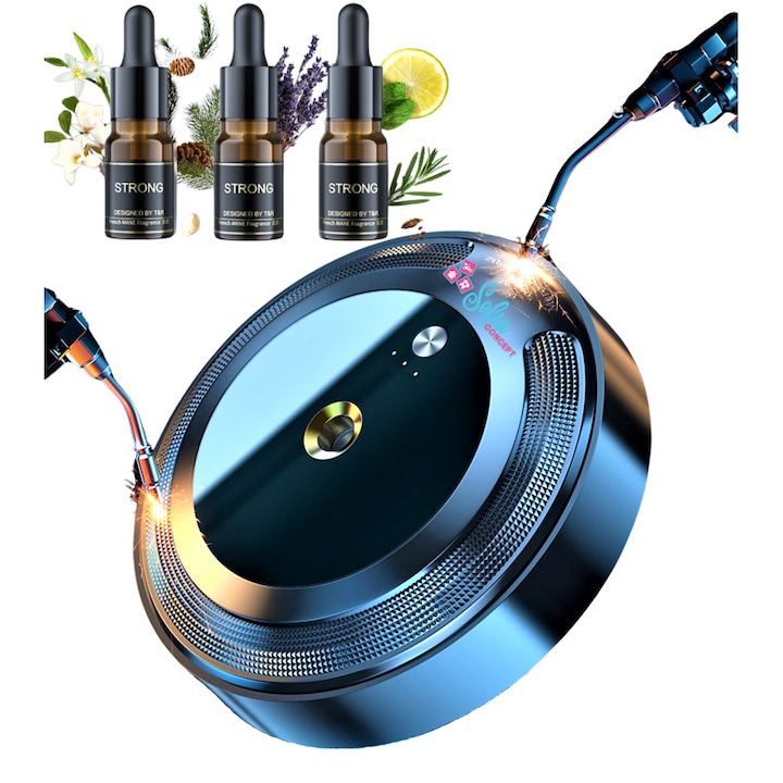 Difuzor Auto Aromaterapie Premium cu 3 Uleiuri Esentiale Sofia CONCEPT®, Material din Aliaj de Aviatie, Functie de Purificare Aer la 360°, Antibacterian, 3 Milioane / Cm3 de Ioni Negativi, 3 Viteze, Detecteaza Vibratiile Masinii prin Tehnologia AI, Black