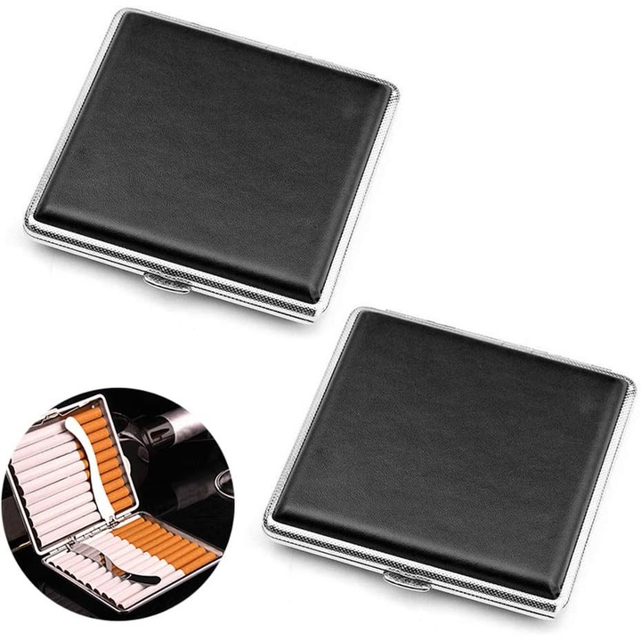 Set 2 tabachere, QttvbTna, piele/metal, negru/argintiu