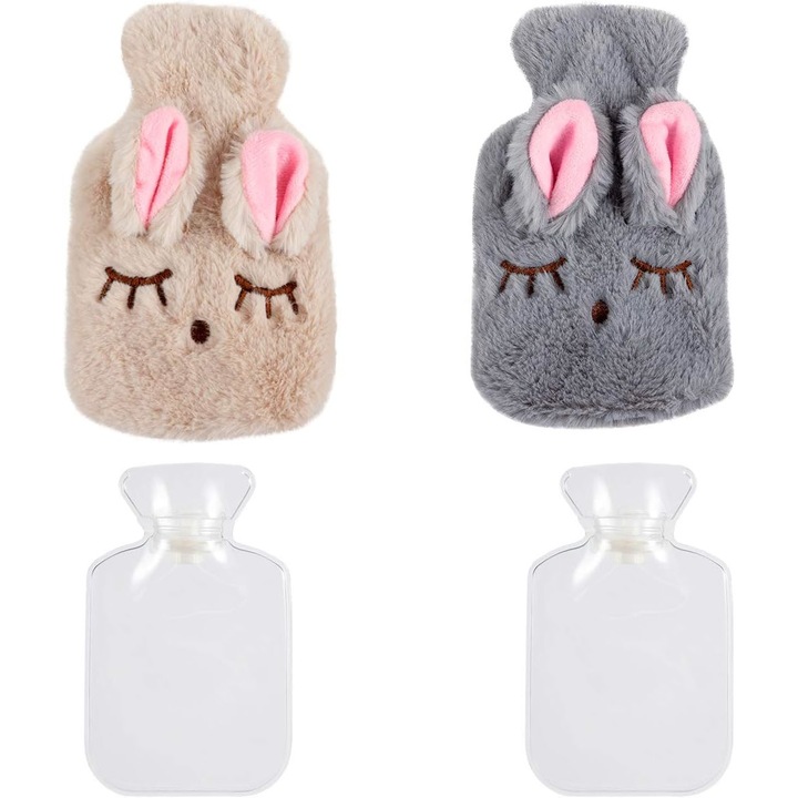 Комплект 2 възглавници за топла вода QttvbTna със заешко покритие, PVC, Преносими, Бежово/Сиво