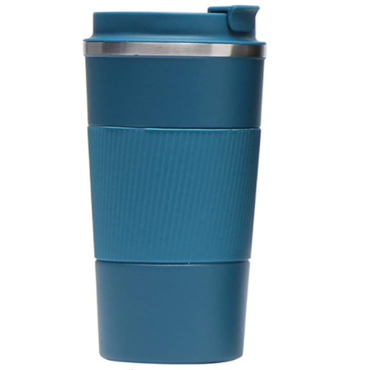 Cana termoizolanta, inox, cu capac etans, dublu perete, albastru