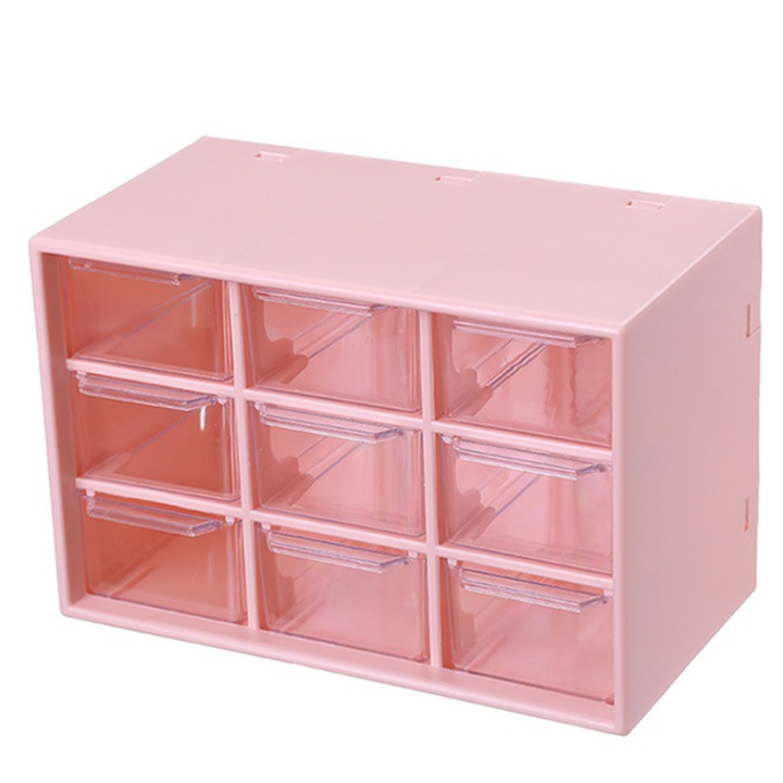 Set organizator multifunctional cu 9 sertare, plastic transparent, roz, 18x12cm
