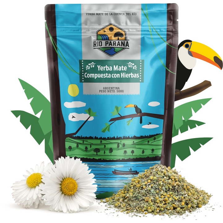 Yerba Mate Tea, Rio Parana Compuesta con Hierbas, Argentin, Enyhén Füstös, 500g