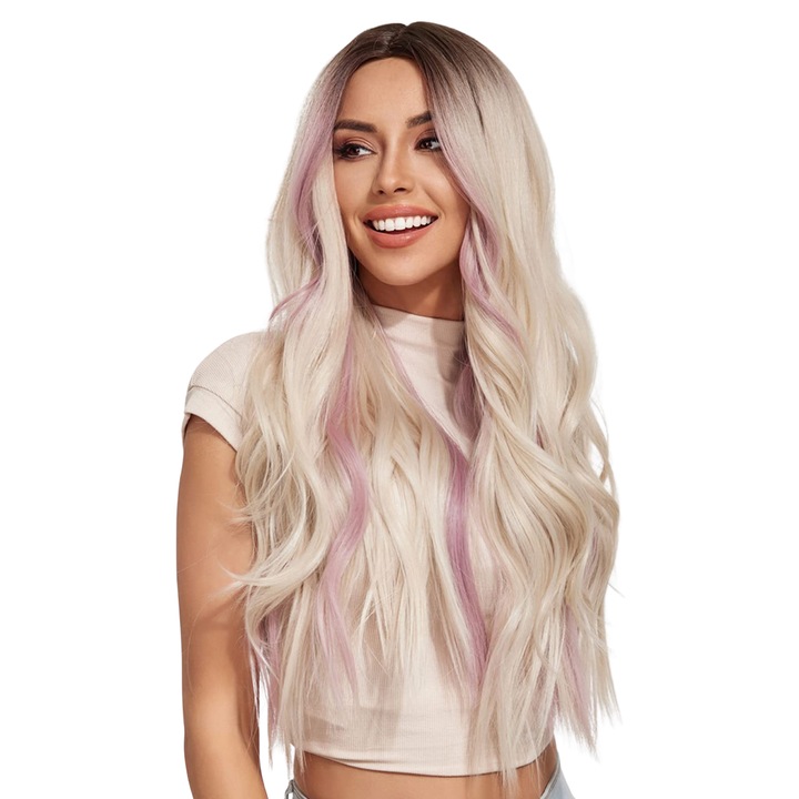 Peruca dama, Vaxiuja, Sintetic, Rezistenta la caldura, 70cm, Micro rola, Roz, Gri