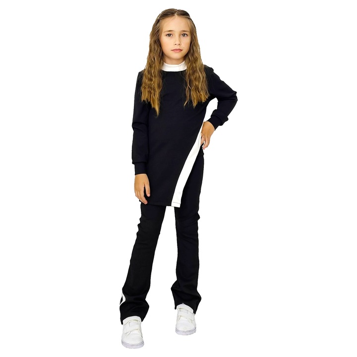 Compleu casual, Agathea Kids, pantaloni tetra evazati si bluza lunga asimetrica, Alb/Negru