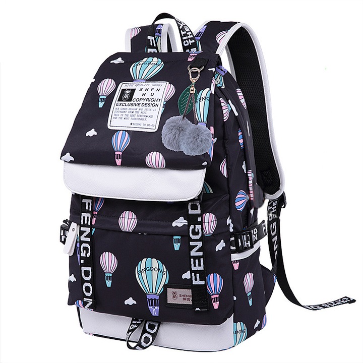 Gyermek hátizsák, USB töltőport, nylon, 11,81x6,3x16,5 hüvelyk, fekete/kék