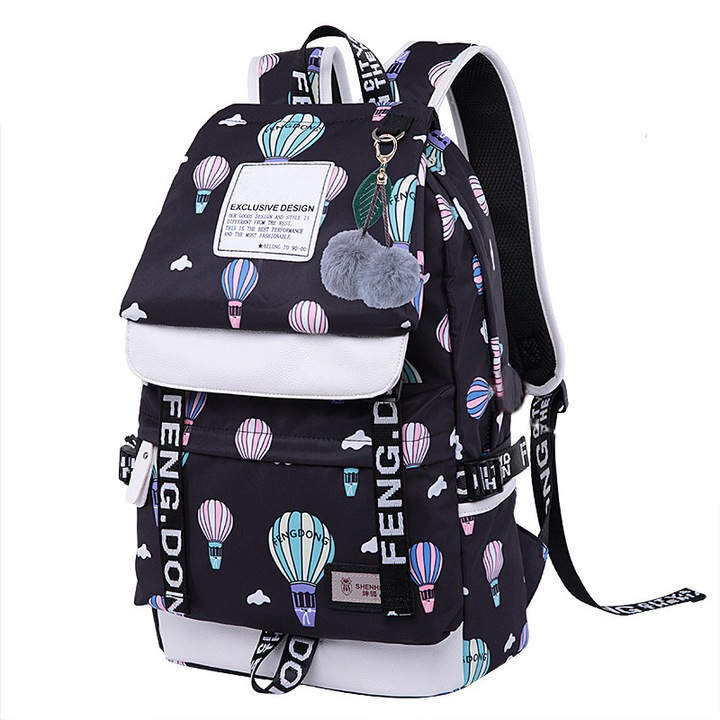 Rucsac pentru copii, Port incarcare USB, Nylon, 42x30x16 cm, Negru/Albastru