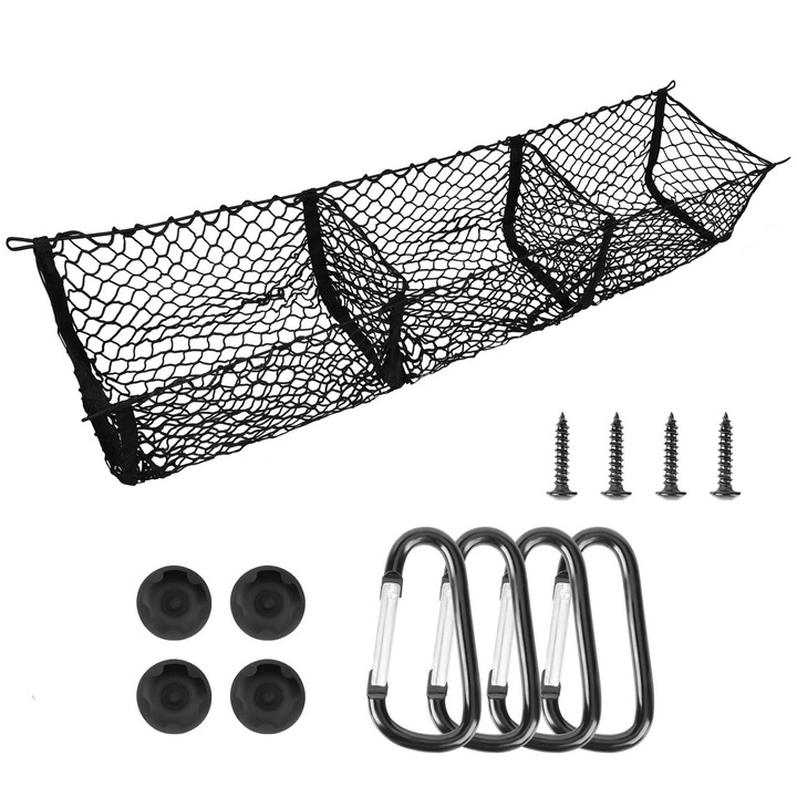 Plasa elastica, sundiguer, organizator portbagaj tip buzunar 150x30x30 cm, 3 Compartimente, cu carlige, Negru