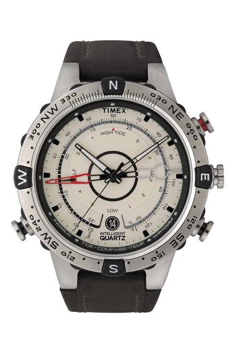 Timex, Часовник-компас с кожена каишка, Сребрист, Тъмнокафяв