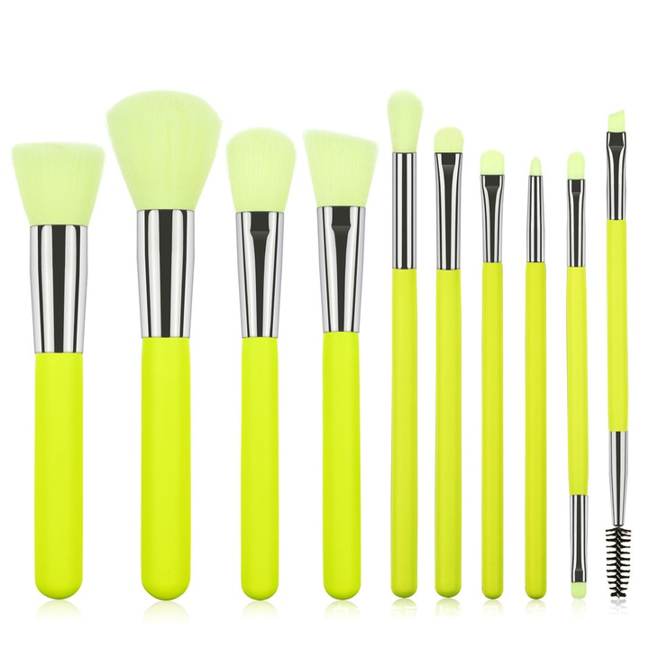 Set de 10 pensule de machiaj, Amtok, maner din lemn, machiaj profesional/incepatori, pensula pentru sprancene, pensula pentru iluminare, pensula pentru pudra, pensule cu doua capete, maro