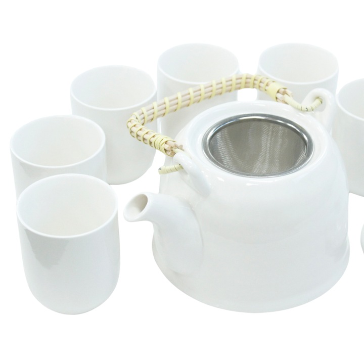 Set ceainic cu sita si capac ceramic, 6 cani, ceramica, alb, 850ml