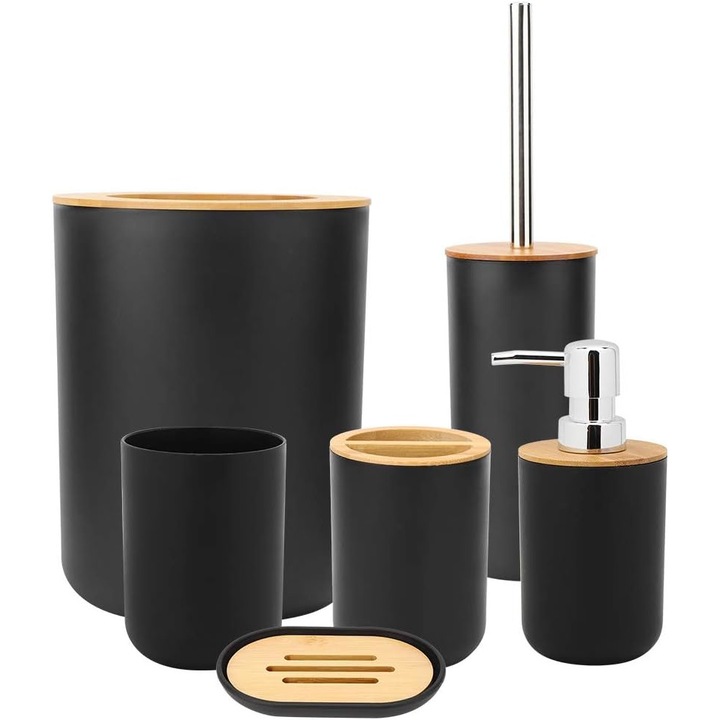 Комплект аксесоари за баня TNS®, 6 части, Пластмаса, Бамбук, Черен