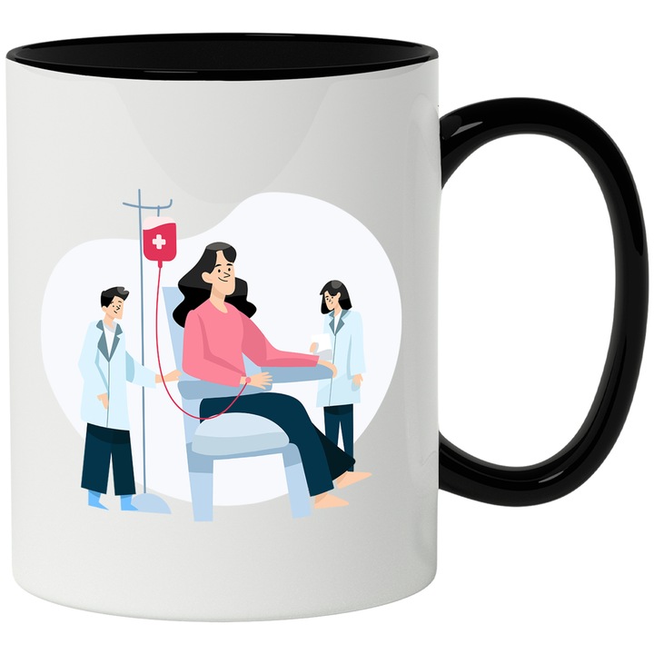 Чаша с лекарства, лекари, пациент, кръвопреливане, кръв, халат, многоцветна 330 ml, керамика с черна дръжка