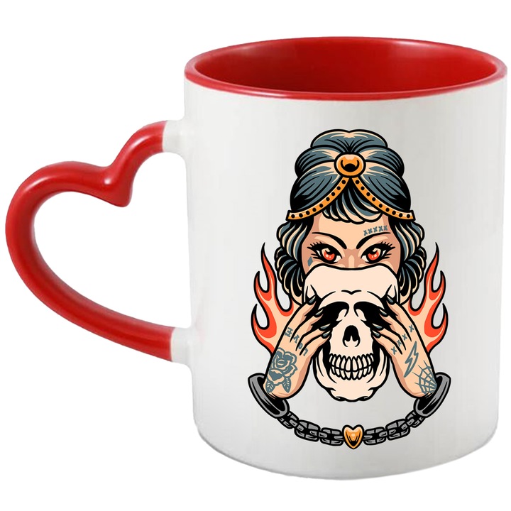 Cana Cu Craniu, Flacari, Catuse, Inima, Femeie, Gotic, Vampir, Multicolor 330 ml, Ceramica cu Maner Inima Rosie