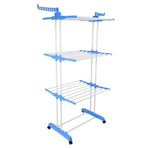 Uscator Vertical pentru Rufe si Haine Teno®, 3 niveluri, mobil, pliabil, pentru spatii mici, suport umerase, cadru rezistent, inaltime 175cm, albastru