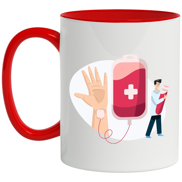 Халба С Преливане, Дарение, Кръв, Епруветка, Доктор, Ръка, Многоцветна 330 ml, Керамика с Червена Дръжка