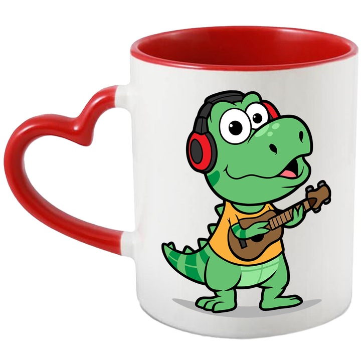 Cana Cu Dinozaur, Casti, Tricou, Chitara, Muzica, Instrument Muzical, Multicolor 330 ml, Ceramica cu Maner Inima Rosie