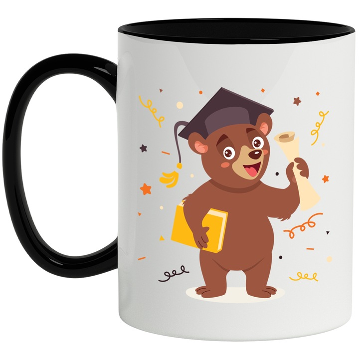 Bögre Medvével, Könyv, Diploma, Konfetti, Kalap, Ballagás, Ünnep, Többszínű 330 ml, Kerámia fekete fogantyúval