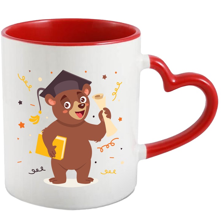 Чаша с мече, книга, диплома, конфети, шапка, абитуриентска, тържествена, многоцветна 330 мл, керамика с дръжка червено сърце