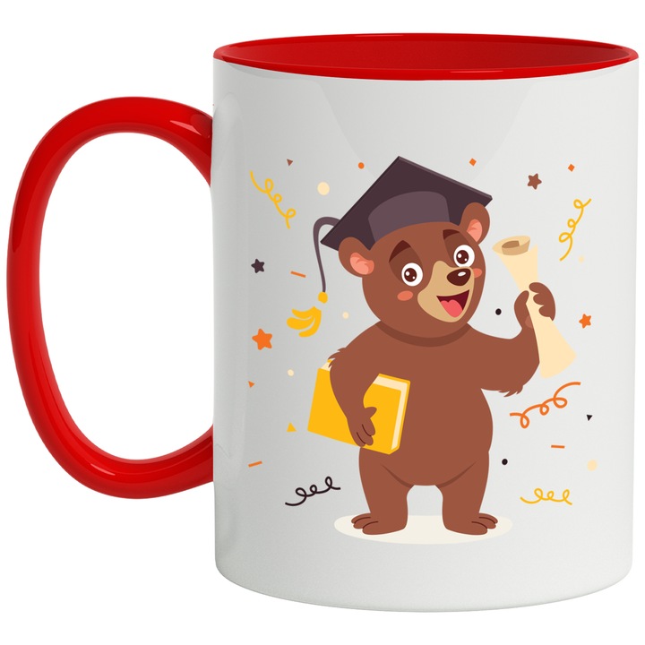 Bögre Medvével, Könyv, Diploma, Konfetti, Kalap, Ballagás, Ünnep, Többszínű 330 ml, Kerámia piros fogantyúval