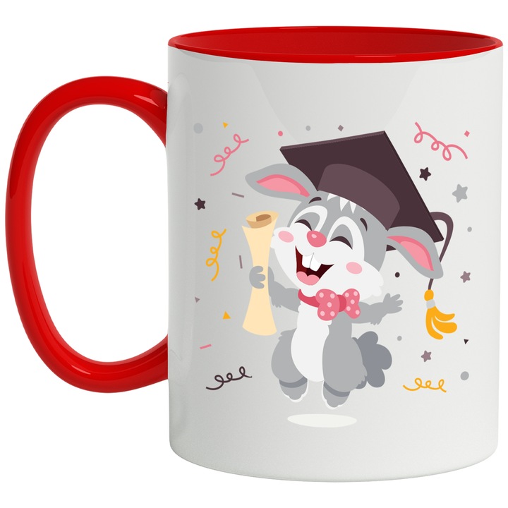 Bögre Nyúllal, Kalap, Diploma, Konfetti, Érettségi, Tanulmányok, Szalag, Többszínű 330 ml, Kerámia piros fogantyúval