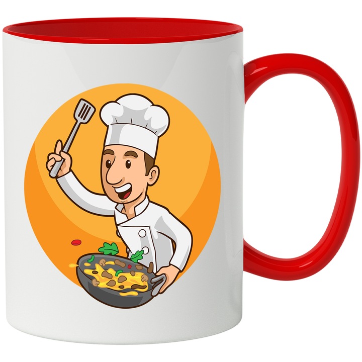 Bögre séffel, öltöny, paletta, serpenyő, étel, saláta, pöttyös, többszínű 330 ml, kerámia piros fogantyúval