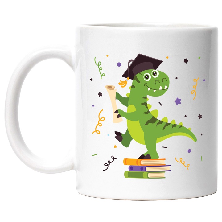 Bögre Dinoszaurusz, Diploma, T-Rex, Kalap, Konfetti, Iskola, Ballagás, Többszínű 330 ml, Kerámia fehér fogantyúval