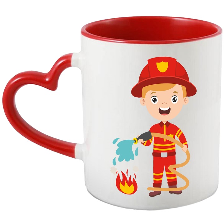 Cana Cu Pompier, Foc, Flacara, Apa, Furtun, Casca, Multicolor 330 ml, Ceramica cu Maner Inima Rosie