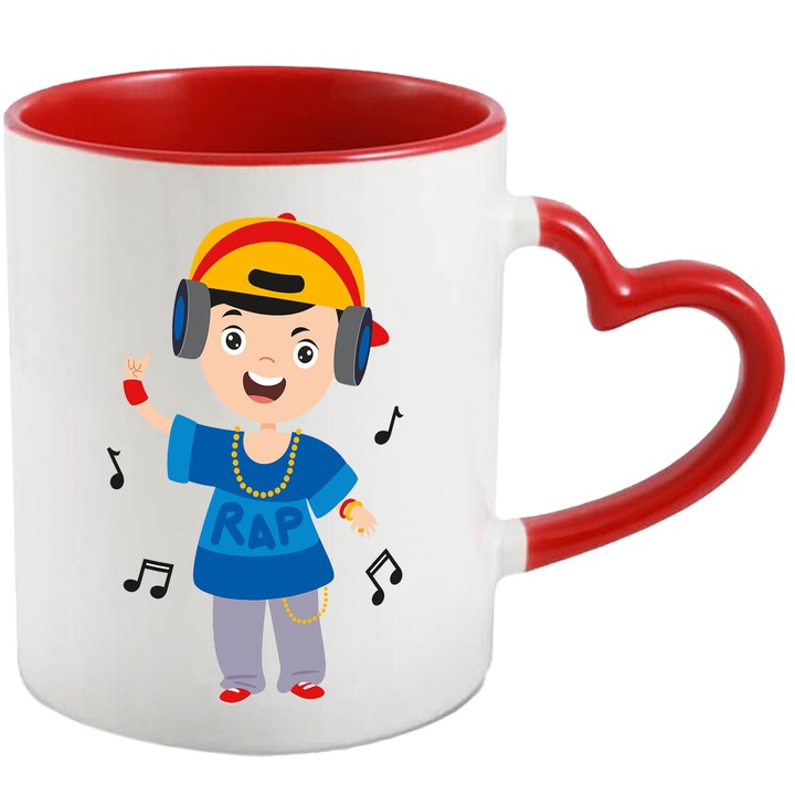 Cana Cu Cantaret, Rapper, Muzica, Casti, Lant, Tricou, Note Muzicale, Multicolor 330 ml, Ceramica cu Maner Inima Rosie