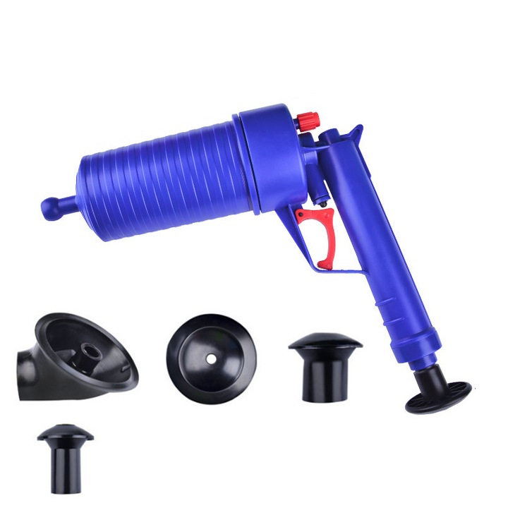 Pompa pentru desfundat WC, Chiuveta, Cada, Cabina de dus, Instalatii sanitare, Canalizare, cu aer comprimat, 4 tipuri de prize, ABS/Cauciuc, Vaxiuja, Multicolor