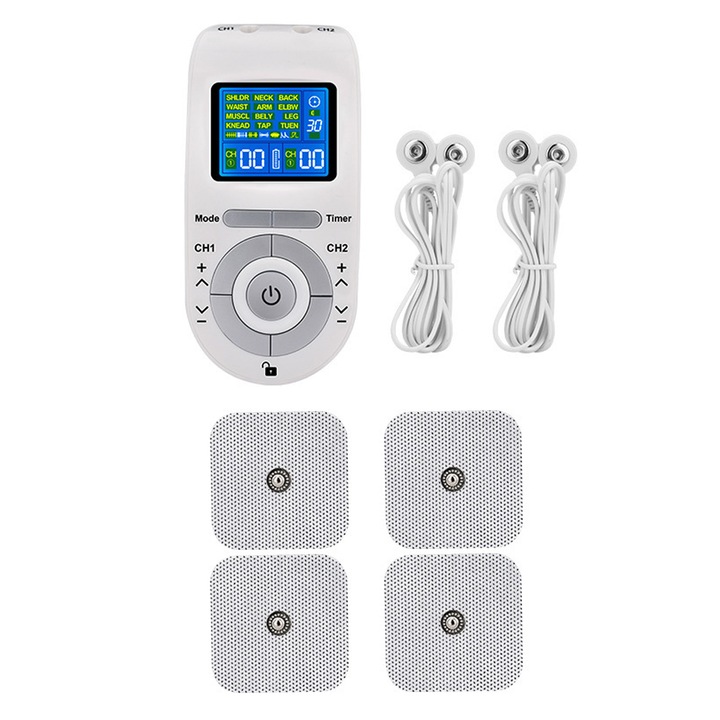 Aparat De Masaj Cu Electrostimulare/Fizioterapie Stimulator, YHJ, 30 Niveluri De Intensitate, 4 Electrozi, Doua Canale De Utilizare, 12 Programe De Masaj, Display Digital, Alb