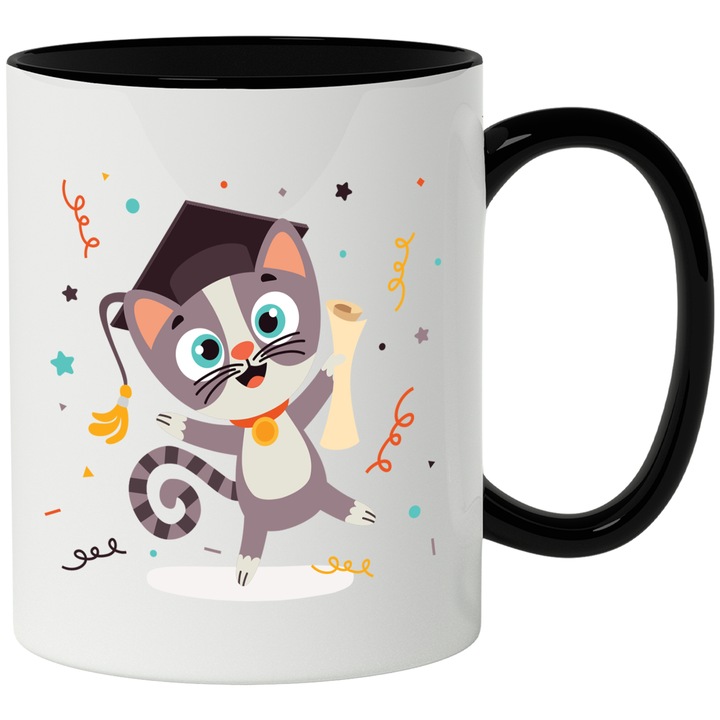 Bögre cicával, Konfetti, Diploma, Kalap, Nyaklánc, Csillagok, Ballagás, Iskola, Többszínű 330 ml, Kerámia fekete fogantyúval