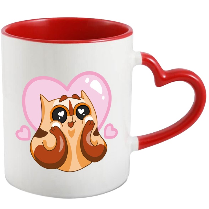 Cana Cu Pisica, Indragostita, Inimi, Iubire, Dragoste, Multicolor 330 ml, Ceramica cu Maner Inima Rosie