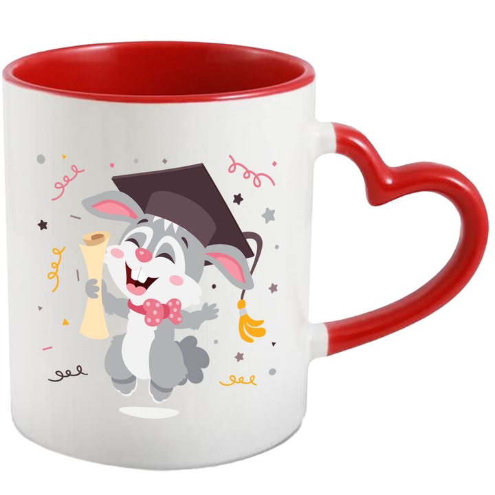 Bögre Nyúllal, Kalap, Diploma, Konfetti, Érettségi, Tanulmányok, Szalag, Többszínű 330 ml, Kerámia piros szív fogantyúval