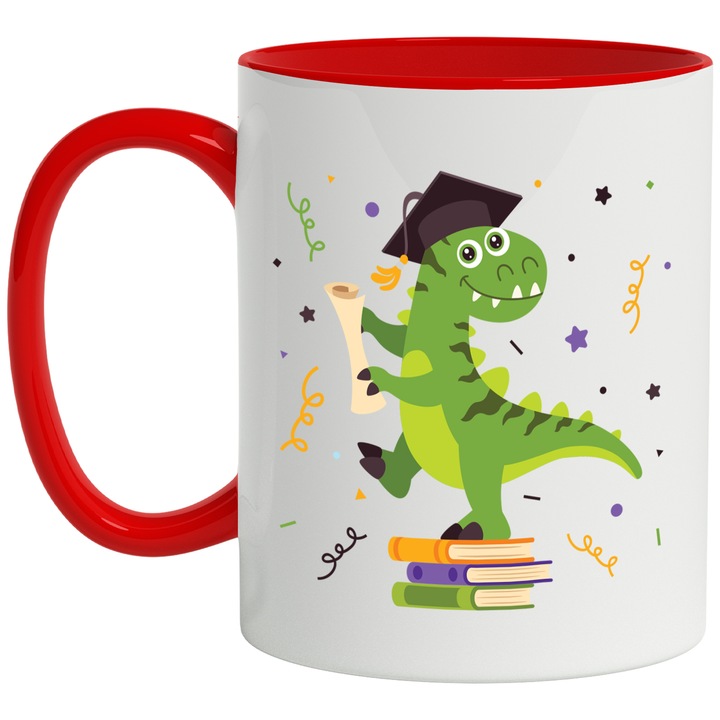 Bögre Dinoszaurusz, Diploma, T-Rex, Kalap, Konfetti, Iskola, Ballagás, Többszínű 330 ml, Kerámia piros fogantyúval