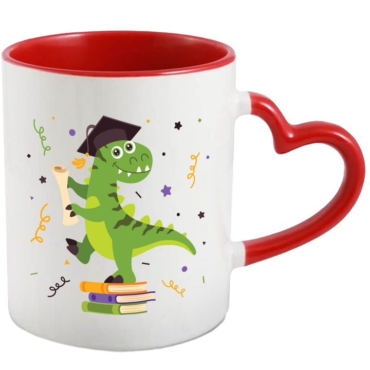 Bögre Dinoszaurusz, Diploma, T-Rex, Kalap, Konfetti, Iskola, Ballagás, Többszínű 330 ml, Kerámia piros szív fogantyúval