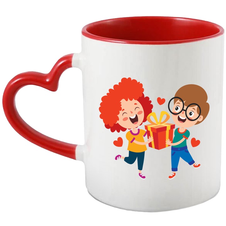 Cana Cu Copii, Cutie De Cadou, Inimi, Ochelari, Aniversare, Funda, Multicolor 330 ml, Ceramica cu Maner Inima Rosie
